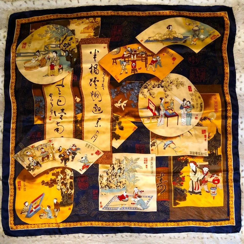 Vintage Chinese Japanese Silk Wrap Scarf Shawl - 40” Gold Blue Red Cream Brown